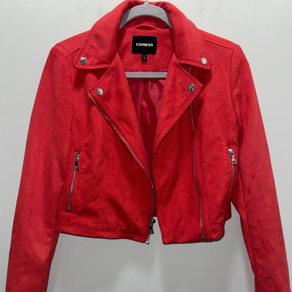 Express Womens Size 4 Red Faux Suede Moto Jacket Stretch Cropped Biker Zip